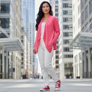 🌻Eileen Fisher Coral Linen Lagenlook Long Sleeve Knit Cardigan Sweater Size MP